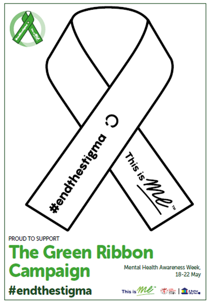 An outline of a Green Ribbon that can be mindfully coloured in