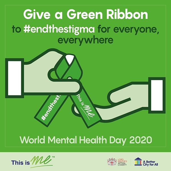 Two cartoon hands passing a Green Ribbon to each other with the messaging 'Give a Green Ribbon to #endthestigma for everyone, everywhere' on World Mental Health Day 2020.