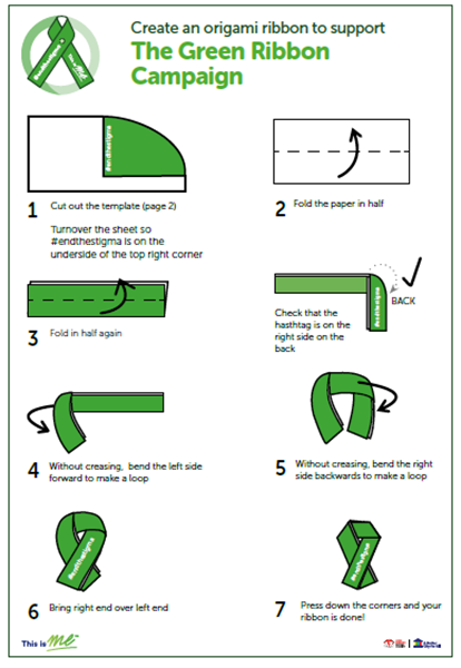 An image of instructions on how to make an origami Green Ribbon